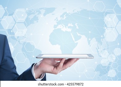 business, technology and internet concept. Businessman using modern tablet PC. Template for text.
