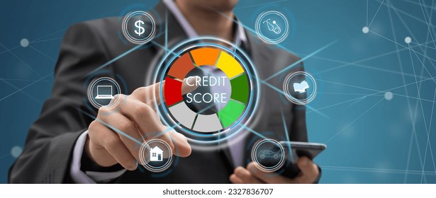 Business, technology, internet concept on hexagons and transparent honeycomb background. Businessman pressing button on touch screen interface and select credit score