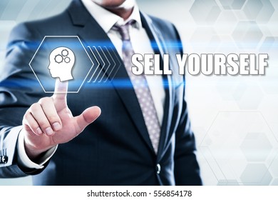 Business, technology, internet concept on hexagons and transparent honeycomb background. Businessman  pressing button on touch screen interface and select  sell yourself