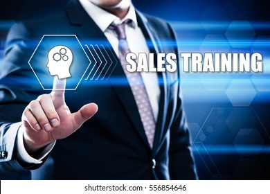 Business, technology, internet concept on hexagons and transparent honeycomb background. Businessman  pressing button on touch screen interface and select  sales training
