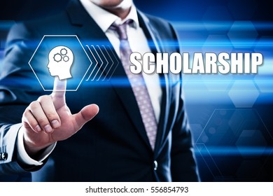 Business, technology, internet concept on hexagons and transparent honeycomb background. Businessman  pressing button on touch screen interface and select  scholarship