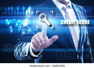 Business, technology, internet concept on hexagons and transparent honeycomb background. Businessman  pressing button on touch screen interface and select  credit score