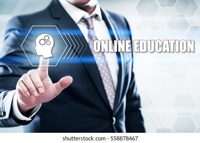 Business, technology, internet concept on hexagons and transparent honeycomb background. Businessman  pressing button on touch screen interface and select  online education