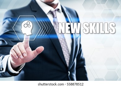 Business, technology, internet concept on hexagons and transparent honeycomb background. Businessman  pressing button on touch screen interface and select  new skills