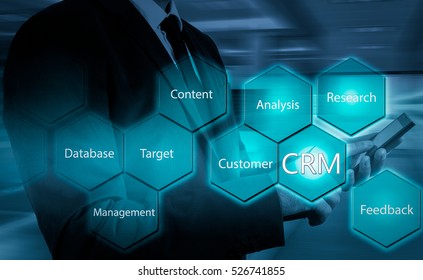 business, technology, internet and customer relationship management concept. Businessman pressing crm button on virtual screens.