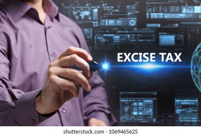 Business, Technology, Internet and network concept. Young businessman working on a virtual screen of the future and sees the inscription: Excise tax