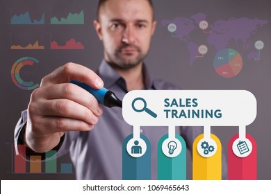 Business, Technology, Internet And Network Concept. Young Businessman Working On A Virtual Screen Of The Future And Sees The Inscription: Sales Training