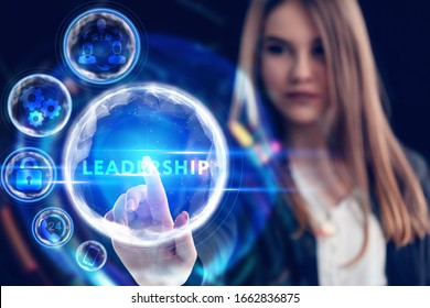 Business, Technology, Internet And Network Concept. Young Businessman Working On A Virtual Screen Of The Future And Sees The Inscription: Leadership