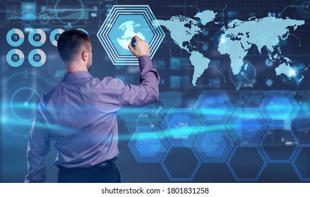 Business, Technology, Internet and network concept. Young businessman working on a virtual screen of the future and sees the inscription:  - Shutterstock ID 1801831258
