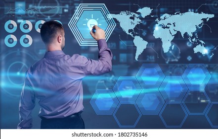 Business, Technology, Internet and network concept. Young businessman working on a virtual screen of the future and sees the inscription:  - Shutterstock ID 1802735146