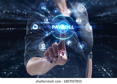 Business, Technology, Internet And Network Concept. Young Businessman Working On A Virtual Screen Of The Future And Sees The Inscription: Payroll