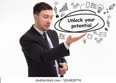 Business, Technology, Internet And Network Concept. Young Businessman Thinks Over The Steps For Successful Growth: Unlock Your Potential