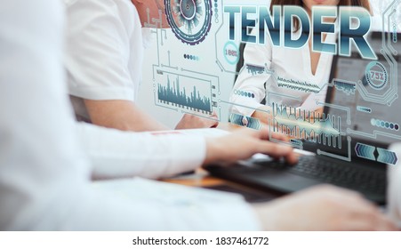 Business, technology, internet and network concept. A group of young people works with a hologram on the screen see the inscription: TENDER - Shutterstock ID 1837461772
