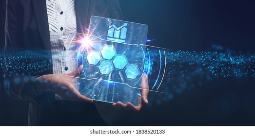 Business, Technology, Internet and network concept. Young businessman working on a virtual screen of the future and sees the inscription:  - Shutterstock ID 1838520133