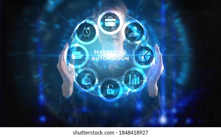 Business, technology, internet and network concept. Young businessman thinks over the steps for successful growth: Marketing automation - Shutterstock ID 1848418927