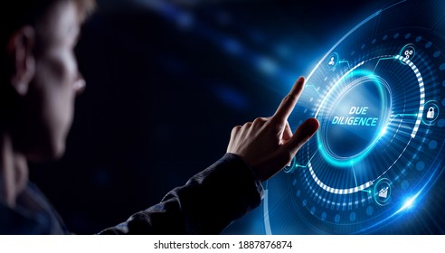 Business, Technology, Internet and network concept. Young businessman working on a virtual screen of the future and sees the inscription: Due diligence - Shutterstock ID 1887876874