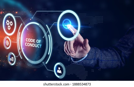 Business, Technology, Internet and network concept. Young businessman working on a virtual screen of the future and sees the inscription: Code of conduct - Shutterstock ID 1888534873