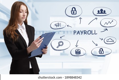 Business, Technology, Internet And Network Concept. Young Businessman Thinks Over The Steps For Successful Growth: Payroll