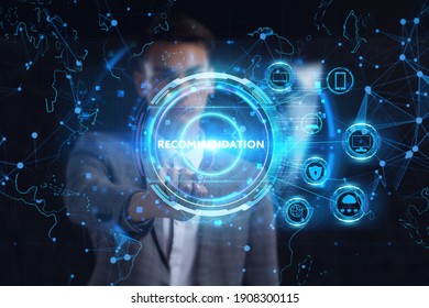 Business, technology, internet and network concept. Young businessman thinks over the steps for successful growth: Recommendation