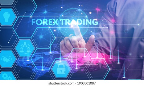Business, Technology, Internet and network concept. Young businessman working on a virtual screen of the future and sees the inscription: 