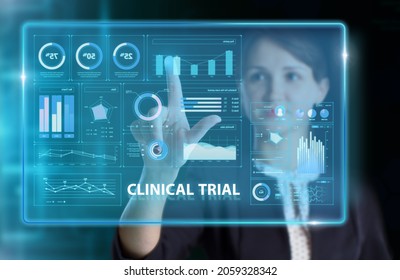 Business, Technology, Internet and network concept. Young businessman working on a virtual screen of the future and sees the inscription: Clinical trial - Shutterstock ID 2059328342