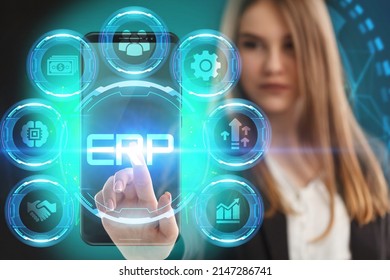 Business, Technology, Internet And Network Concept. Young Businessman Working On A Virtual Screen Of The Future And Sees The Inscription: ERP