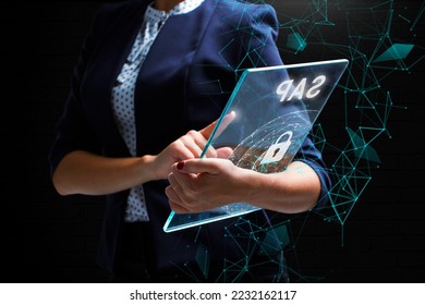 Business, Technology, Internet and network concept. Young businessman working on a virtual screen of the future and sees the inscription: SAP - Shutterstock ID 2232162117