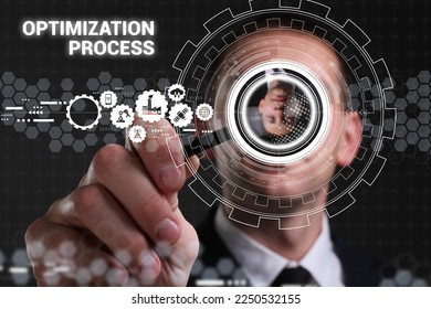 Business, technology, internet and network concept. Young businessman thinks over the steps for successful growth: Optimization process - Shutterstock ID 2250532155