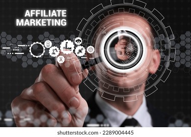 Business, technology, internet and network concept. Young businessman thinks over the steps for successful growth: Affiliate marketing