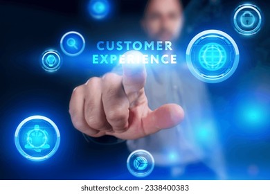 Business, Technology, Internet and network concept. Young businessman working on a virtual screen of the future and sees the inscription: Customer experience - Shutterstock ID 2338400383