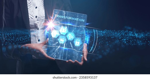 Business, Technology, Internet and network concept. Young businessman working on a virtual screen of the future and sees the inscription: Transformation - Shutterstock ID 2358593137