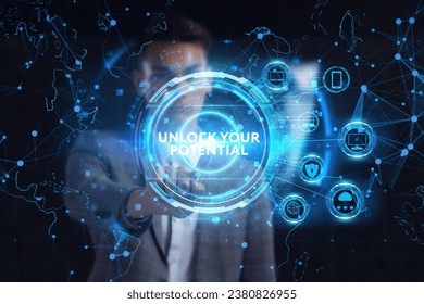 Business, technology, internet and network concept. Young businessman thinks over the steps for successful growth: Unlock your potential - Powered by Shutterstock - Get 15% off with code: PIKWIZARD15