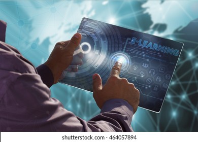 Business, Technology, Internet and network concept . Young business man working on the tablet of the future , select the virtual screen : e-learning