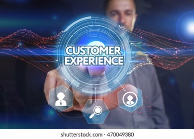 Business, Technology, Internet and network concept. Young businessman, select on the virtual display: customer experience - Shutterstock ID 470049380