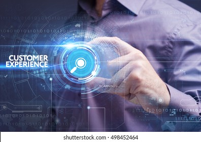 Business, Technology, Internet And Network Concept. Young Businessman Working On A Virtual Screen Of The Future And Sees The Inscription: Customer Experience