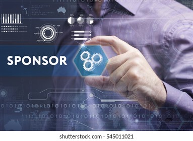 Business, Technology, Internet And Network Concept. Young Businessman Working On A Virtual Screen Of The Future And Sees The Inscription: Sponsor