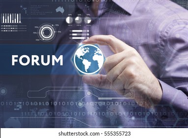 Business, Technology, Internet And Network Concept. Young Businessman Working On A Virtual Screen Of The Future And Sees The Inscription: Forum 