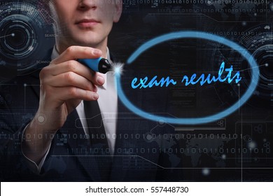 Business, Technology, Internet And Network Concept. Young Business Man Writing Word: Exam Results