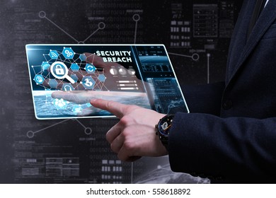 Business, Technology, Internet And Network Concept. Young Businessman Working On A Virtual Screen Of The Future And Sees The Inscription: Security Breach 