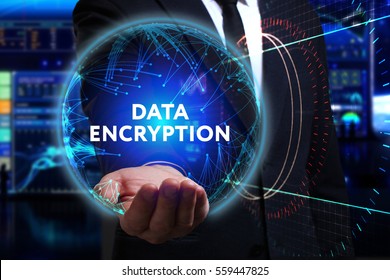Business, Technology, Internet and network concept. Young businessman working in the field of the future, he sees the inscription: data encryption 