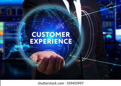 Business, Technology, Internet And Network Concept. Young Businessman Working In The Field Of The Future, He Sees The Inscription: Customer Experience 