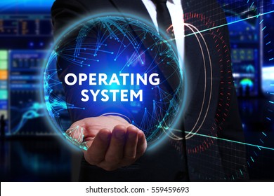 Business, Technology, Internet And Network Concept. Young Businessman Working In The Field Of The Future, He Sees The Inscription: Operating System 