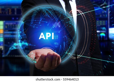 Business, Technology, Internet and network concept. Young businessman working in the field of the future, he sees the inscription: API  - Shutterstock ID 559464013