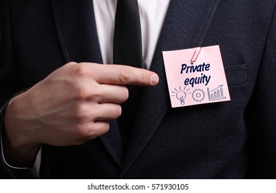 Business, Technology, Internet And Network Concept. Young Businessman Shows The Word: Private Equity