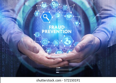 Business, Technology, Internet And Network Concept. Young Businessman Shows The Word On The Virtual Display Of The Future: Fraud Prevention