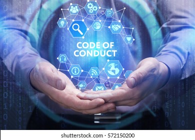 Business, Technology, Internet And Network Concept. Young Businessman Shows The Word On The Virtual Display Of The Future: Code Of Conduct