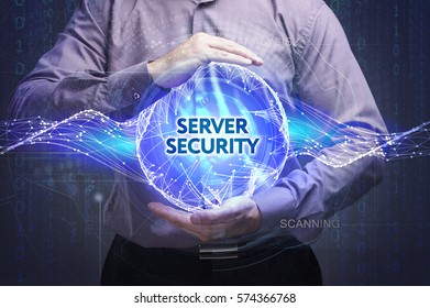 Business, Technology, Internet And Network Concept. Young Businessman Shows The Word: Server Security