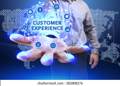 Business, Technology, Internet And Network Concept. Young Businessman Shows The Word On The Virtual Display Of The Future: Customer Experience