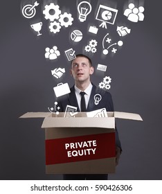 Business, Technology, Internet And Network Concept. Young Businessman Shows The Word: Private Equity