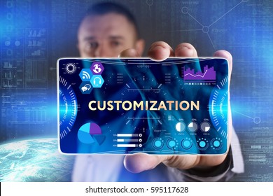 Business, Technology, Internet and network concept. Young businessman showing a word in a virtual tablet of the future: Customization